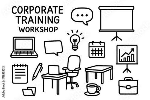 Corporate Workshop Icons. Hand-drawn doodle illustration Corporate training workshop whiteboard, laptop, projector, presentation screen, notepad, pen, office