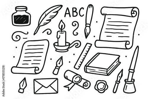 Calligraphy Essentials Collection. Hand-drawn doodle illustration Calligraphy writing quill pen, ink pot, brush, scroll, parchment, alphabet letters,