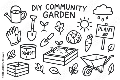 DIY Garden Doodles. Hand-drawn doodle illustration [DIY community garden] [watering can, spade, seedling, compost bin, trowel, raised bed, gloves, crate,