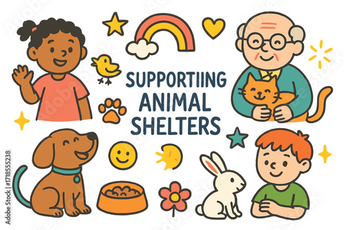 Supporting Animal Shelters. Colorful Hand-drawn doodle Children illustration Youth Supporting Animal Shelters [child, senior, dog, cat, rabbit, bird, paw