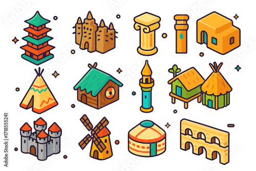 Cultural Architecture Icons. Colorful isometric vector icons set of Cultural architecture and monuments: pagoda, mud mosque, Greek column, adobe house, teepee,