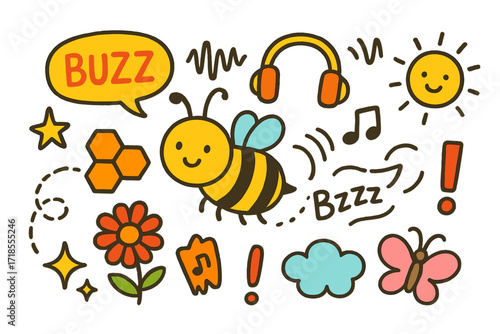 Busy Bee Doodle. Colorful Hand-drawn doodle Children illustration Buzz bee, honeycomb, buzzing lines, flower, sound wave, speech bubble, star, exclamation