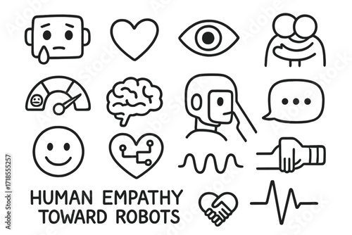 Human-Robot Empathy Icons. Hand-drawn doodle illustration [Human empathy toward robots] [robot face, tear drop, heart, human eye, hug icon, emotion meter,