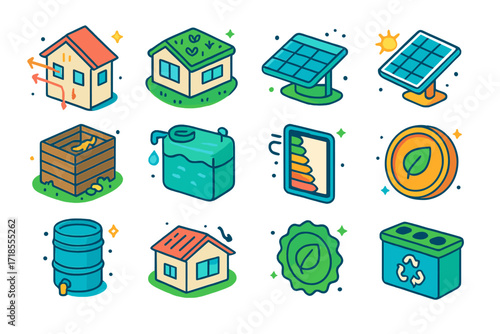 Green Home Icons. Colorful isometric vector icons set of Green Home Concepts: passive house diagram, living roof, solar panel, compost bin, graywater tank,