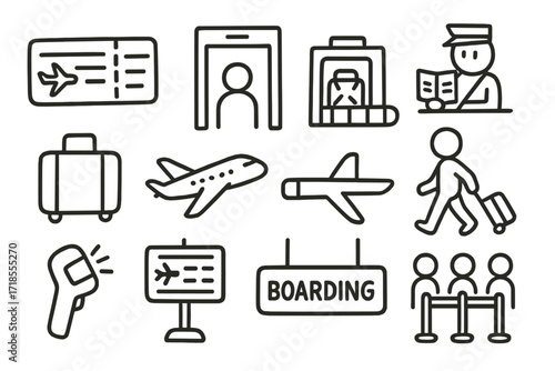 Airport Security Icons. Hand-drawn doodle illustration airport checkpoint boarding pass, security gate, metal detector, conveyor belt, X-ray machine, luggage