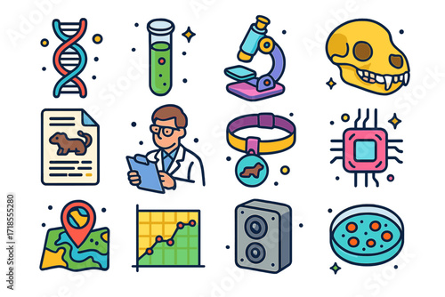 Mink Research Icon Set. Colorful isometric vector icons set of mink-related research: DNA strand, test tube, microscope, mink skull, research paper, scientist
