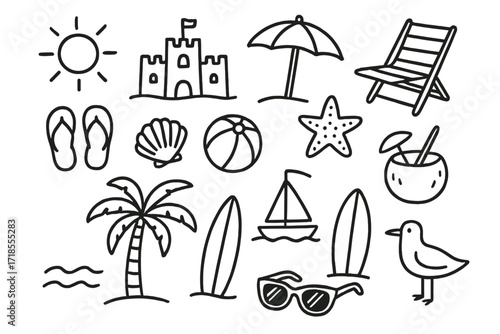 Beach Holiday Doodle. Hand-drawn doodle illustration beach holiday sun, sandcastle, umbrella, beach chair, flip flops, shell, starfish, surfboard, ball,