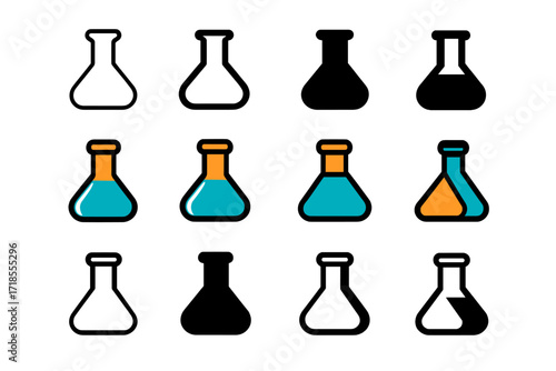 Colorful Flask Logos. Set Logo of Flasks: Flat-bottom volumetric flask. Logo set in vector style, emblematic variations. line, bold thick line, solid black