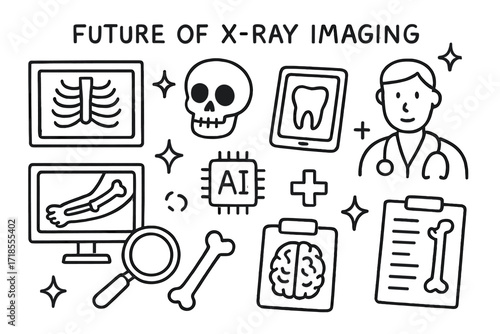 Future X-Ray Doodles. Hand-drawn doodle illustration Future of x-ray imaging [ribcage, skull, bone, tooth, computer monitor, tablet, AI chip, hospital cross,