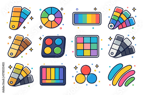 Colorful Palette Icons. Colorful isometric vector icons set of mural color palettes: warm tone strip, cool tone wheel, gradient bar, rainbow selection, earth