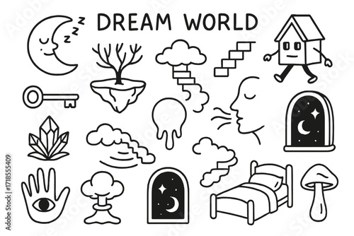 Surreal Dream World. Hand-drawn doodle illustration Dream World floating island, sleeping moon, walking house, stairs in sky, upside-down tree, flying key,