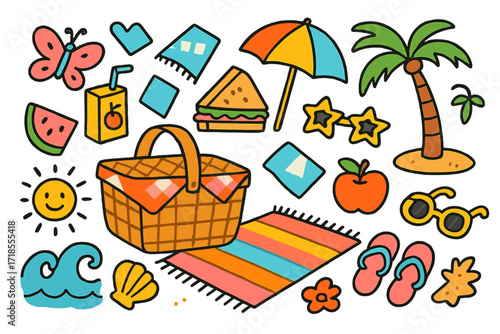 Seaside Picnic Doodles. Colorful Hand-drawn doodle Children illustration Seaside picnic basket, watermelon, juice box, napkin, sandwich, umbrella, sunglasses,