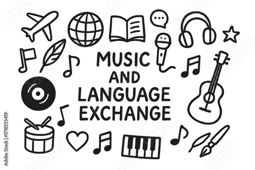 Music and Language Doodles. Hand-drawn doodle illustration Music and language exchange [globe, book, microphone, headphones, guitar, note, speech bubble, star,