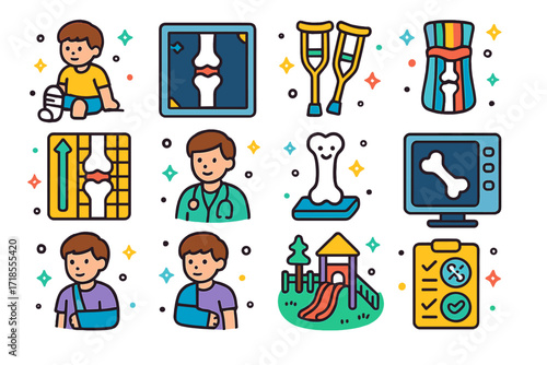 Pediatric Bone Care Icons. Colorful isometric vector icons set of pediatric bone care: child in cast, growth plate X-ray, children?s crutches, colorful brace,