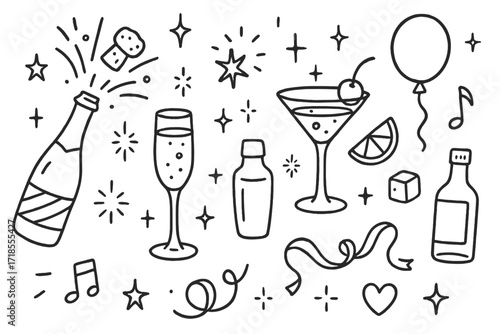 Celebratory Cocktail Doodles. Hand-drawn doodle illustration Celebration glowing cocktails [champagne bottle, popping cork, champagne flute, martini glass,