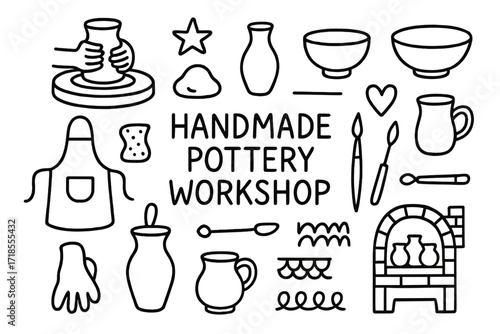 Pottery Workshop Doodles. Hand-drawn doodle illustration Handmade pottery workshop [potter?s wheel, clay lump, vase, bowl, mug, apron, sponge, carving tool,