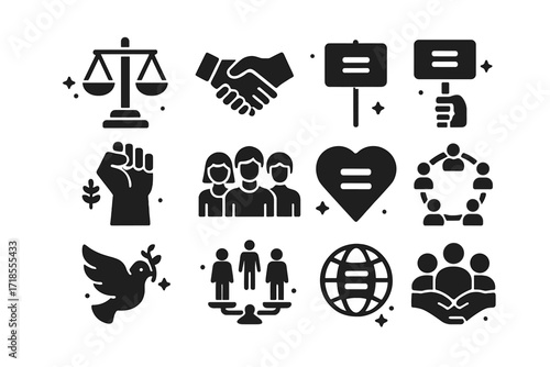 Equality Symbols Grid. Social Equality. Solid icons set of justice scale, handshake, equality symbol, protest sign, raised fist, diverse group, heart with