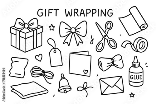 Gift Wrapping Doodles. Gift Wrapping. Hand-drawn doodle illustration gift wrapping ribbon, bow, scissors, tape, paper, gift box, tag, heart, card, string,