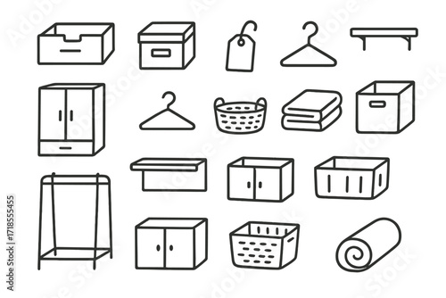 Organized Tiny House Essentials. Hand-drawn doodle illustration Organized tiny house storage drawer, box, label, hook, shelf, closet, hanger, basket, folded