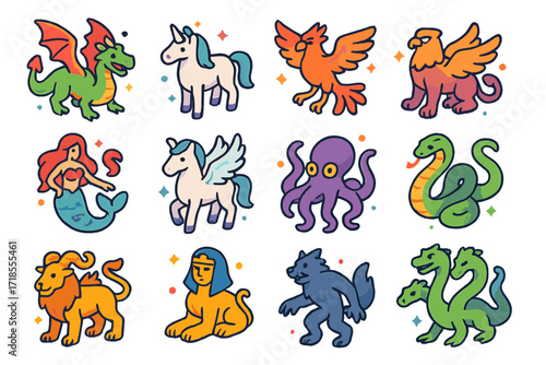 Mythical Creatures Icons. Mythical animals. Colorful isometric vector icons set of mythical animals: dragon, unicorn, phoenix, griffin, mermaid, pegasus,
