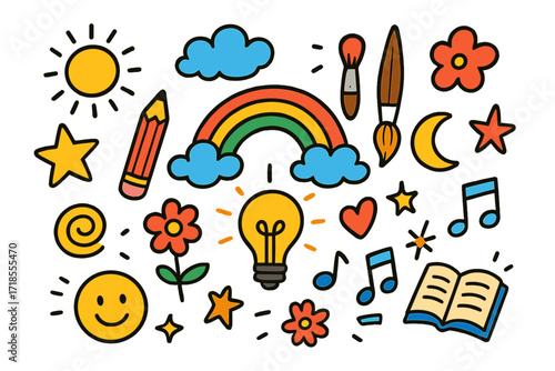 Creative Doodle Icons. Colorful Hand-drawn doodle Children illustration Creative Mind Clouds [clouds, light bulb, pencil, paintbrush, rainbow, star, sun, moon,