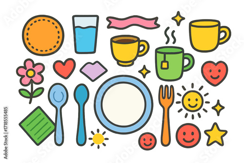 Colorful Table Doodle. Colorful Hand-drawn doodle Children illustration Protecting the Table coaster, glass of water, coffee cup, tea mug, napkin, spoon, fork,