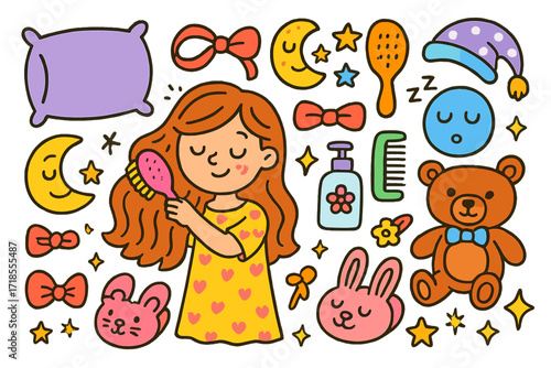 Bedtime Routine Doodles. Colorful Hand-drawn doodle Children illustration Bedtime hair routine pillow, moon, stars, hairbrush, comb, headband, teddy bear,