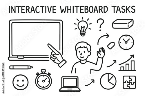 Interactive Whiteboard Doodles. Hand-drawn doodle illustration Interactive whiteboard tasks [whiteboard, marker, hand pointing, student raising hand, icons,
