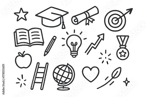 Academic Achievement Icons. Hand-drawn doodle illustration Academic success and learning graduation cap, diploma, book, light bulb, apple, star, pencil,