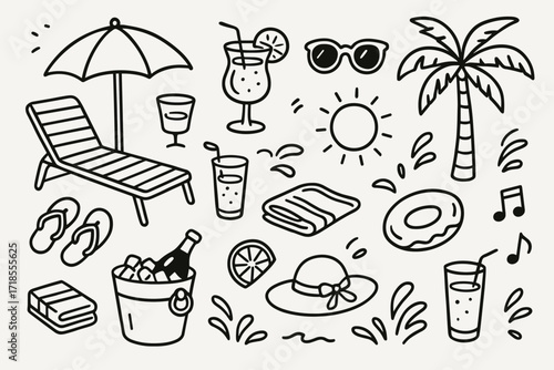 Luxury Pool Doodle. Hand-drawn doodle illustration Luxury pool lounge pool chair, umbrella, cocktail glass, sunglasses, flip flops, towel, palm tree, hat, ice