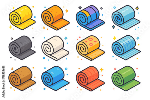 Insulation Icons Collection. Colorful isometric vector icons set of insulation material roll: fiberglass roll, mineral wool roll, reflective foil roll, foam