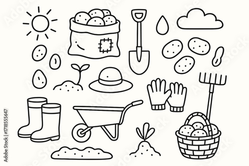 Potato Harvest Doodle. Hand-drawn doodle illustration Potato harvest [potato, sack of potatoes, shovel, basket, sprout, farmer hat, gloves, soil patch,