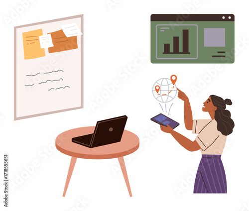 Woman interacting with tablet displaying global locations, analyzing board notes and digital graphs. Ideal for technology, data analysis, education, innovation, communication, remote work, planning