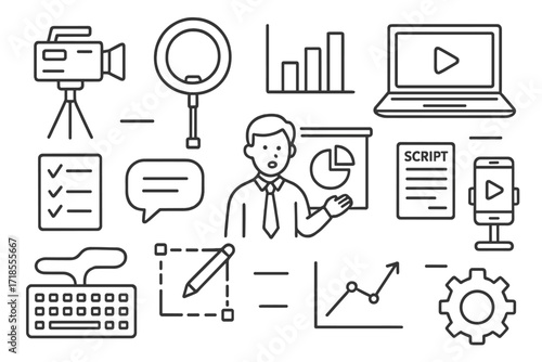 Business Content Icons. Hand-drawn doodle illustration Business content creation space video camera, tripod, light ring, chart, laptop, checklist, keyboard,