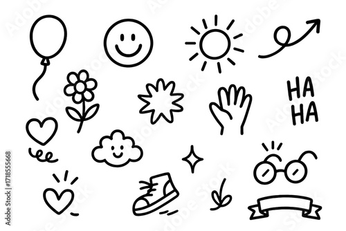 Cheerful Doodle Icons. Hand-drawn doodle illustration Cheerful Doodles balloon, smile face, doodle sun, curly arrow, flower, starburst, high five, laugh icon,
