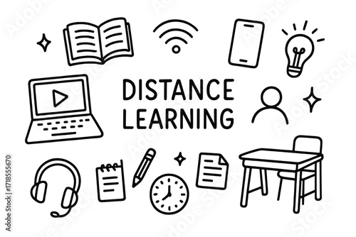 Distance Learning Icons. Hand-drawn doodle illustration Distance learning [laptop, book, desk, chair, wifi symbol, smartphone, notepad, pencil, clock, light