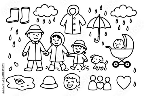 Family Rainy Walk. Hand-drawn doodle illustration rainy walk with family rain boots, coat, umbrella, water puddle, clouds, hand holding, smiling faces, splash