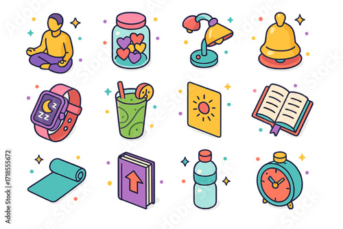 Self-Improvement Icons Grid. Colorful isometric vector icons set of Self-Improvement Icons: meditation pose, gratitude jar, reading lamp, mindfulness bell,