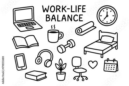 Work-Life Balance Doodles. Hand-drawn doodle illustration Work-life balance laptop, coffee mug, yoga mat, dumbbell, book, headphones, smartphone, plant, bed,