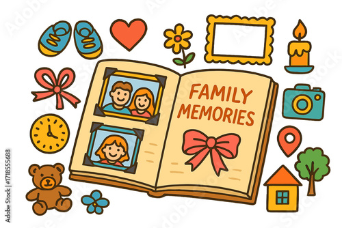 Family Memories Collage. Colorful Hand-drawn doodle Children illustration Family Memories photo album, smiling faces, baby shoes, heart, old frame, ribbon,