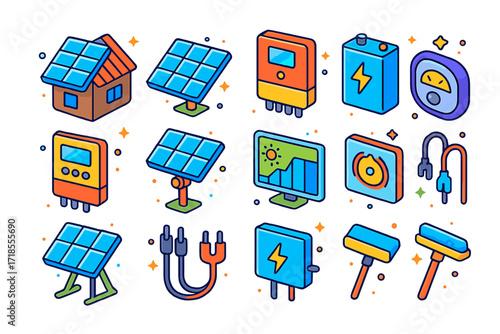 Colorful Solar Icons Grid. Colorful isometric vector icons set of solar panel systems: rooftop solar panel, ground-mounted array, solar inverter, battery