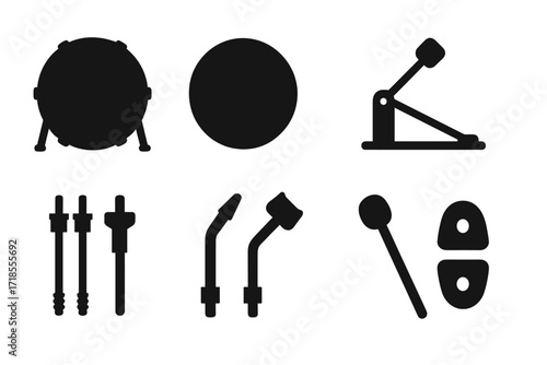 Bass Drum Icon Set. Solid, filled icon set of bass drum components: drum shell, drumhead, bass drum pedal, hoop, tension rods, spurs, beater, lugs. Solid,