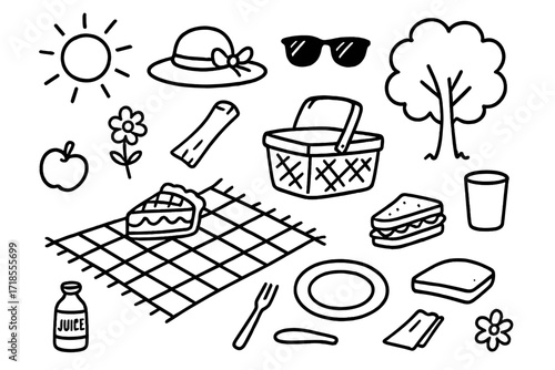 Picnic Doodle Icons. Hand-drawn doodle illustration picnic with pie slice picnic basket, blanket, pie slice, fork, plate, cup, sandwich, apple, juice bottle,