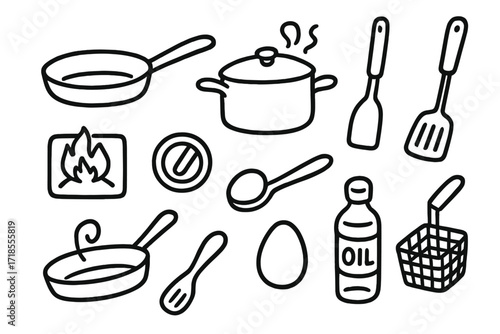 Stovetop Cooking Icons. Hand-drawn doodle illustration [Stovetop cooking] [pan, pan handle, burner, flame icon, knob, pot lid, steam, saucepan, skillet, tongs,