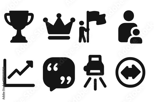 Leadership Icon Set. Solid, filled icon set of leadership influence: trophy, crown, flag bearer, leader icon, goal chart, motivational quote icon, spotlight,