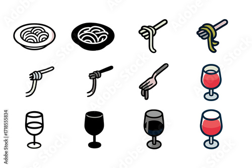 Pasta Dining Icons. Icon Set of Pasta Dining: Plate of pasta, Fork twirling spaghetti, Wine glass. Icons set in vector style, emblematic variations. Plate of