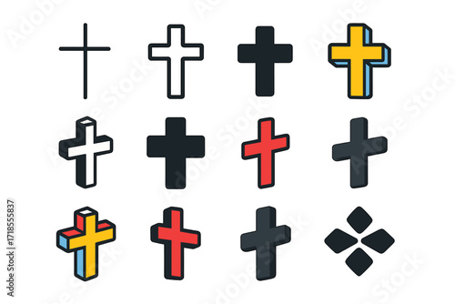 Cross Logo Variations. Set Logo of Cross Symbol: Latin cross. Logo set in vector style, emblematic variations. line, bold thick line, solid black filled, solid