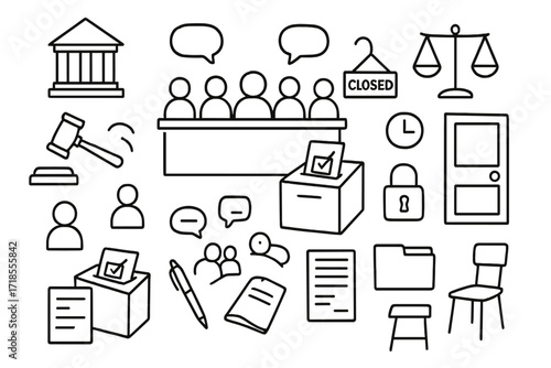 Jury Decision Doodle. Hand-drawn doodle illustration Jury making a decision courthouse, gavel, scales of justice, people icons, speech bubbles, closed door,
