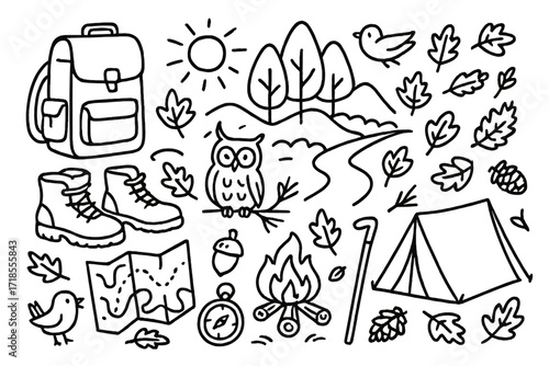Scenic Fall Hiking Icons. Hand-drawn doodle illustration Scenic fall hiking, backpack, hiking boots, map, compass, water bottle, campfire, leaves, acorn, pine