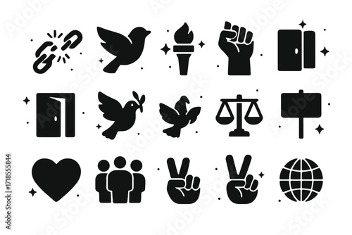 Freedom Icon Ensemble. Freedom. Solid icons set of broken chains, flying bird, torch, raised fist, open door, dove, equality scale, protest banner, heart,